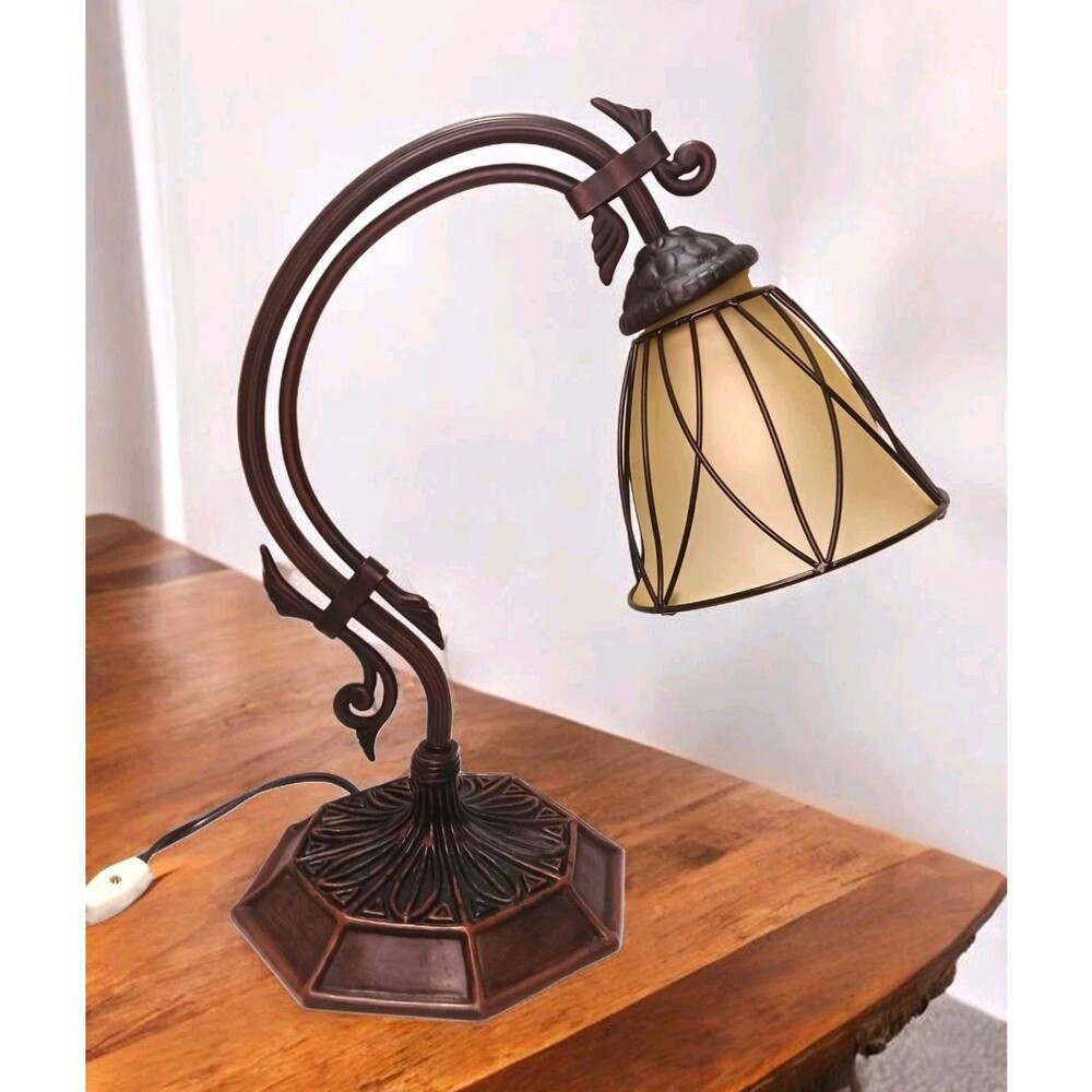 VTG Art Nouveau Style Bronze Metal Gooseneck Table Desk Lamp Caged Bell Shade